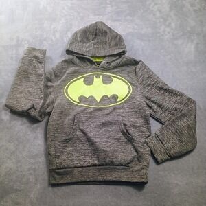 Batman Hoodie Kids XS Gray Fleece Pullover Bat Signal Graphic Kangaroo Pocket